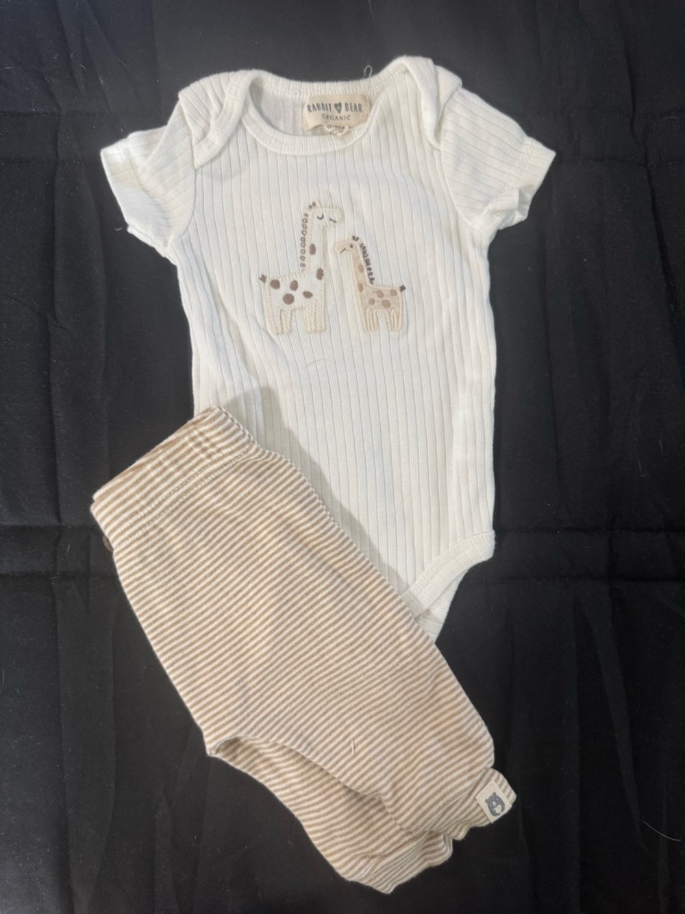 Rabbit and Bear Cream Ribbed Giraffe Bodysuit & Tan Stripe Pants Matching Set